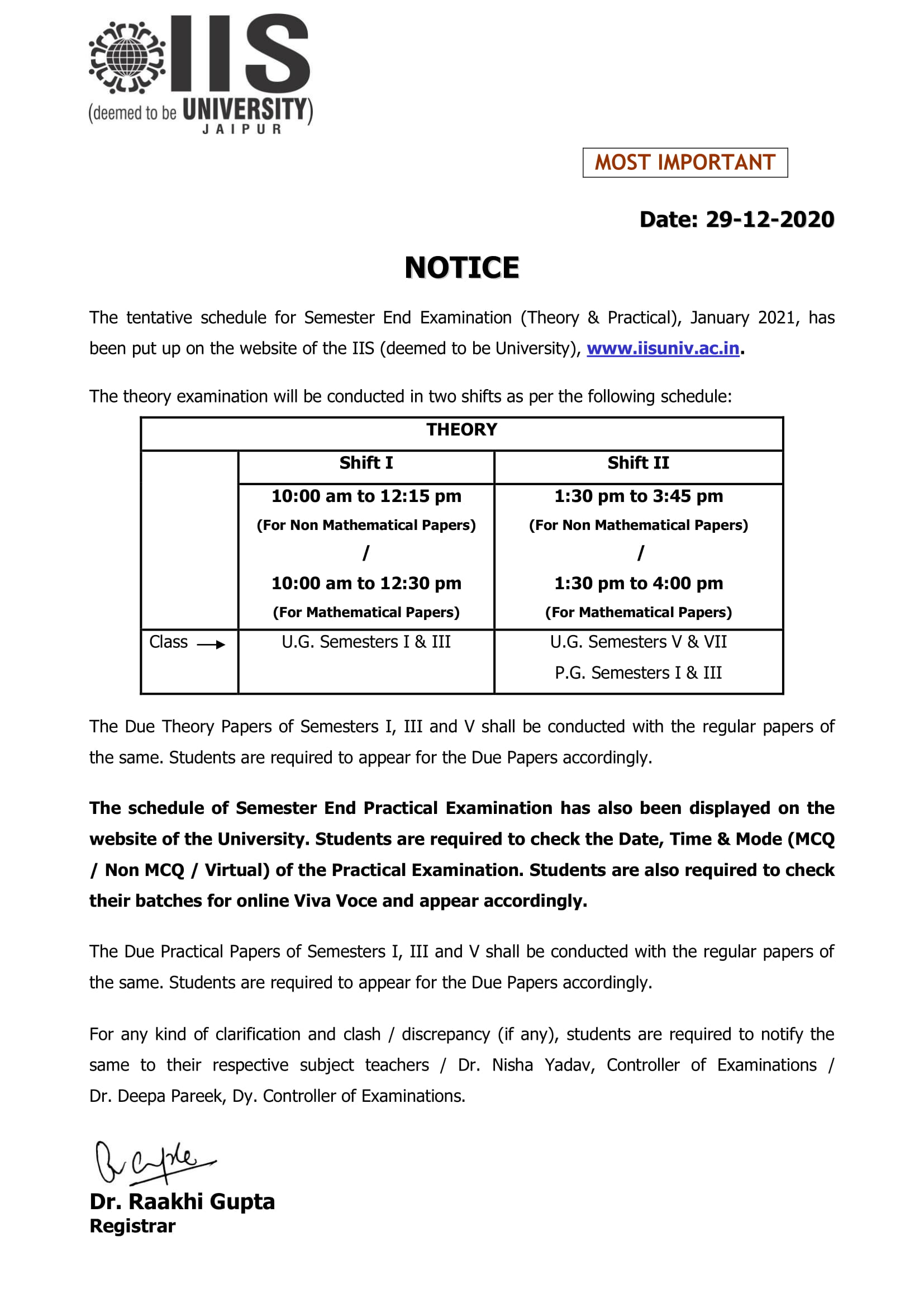 Notice regarding Schedule of Semester End Examination, January 2021